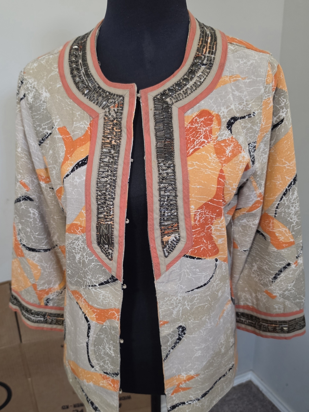 Womens Embellished Open-Front Floral Jacket - Orange/Beige